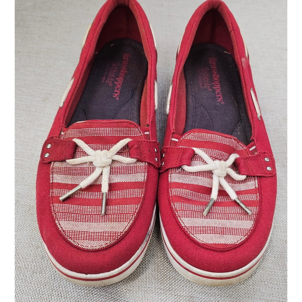 Grasshoppers Boat Shoes Mens 7.5 Red Striped Canvas Ortholite Nautical Loafers